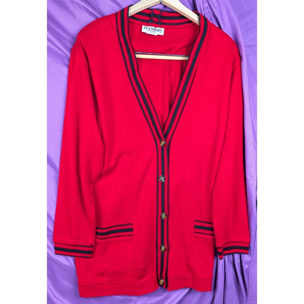 Vintage Eccobay Cardigan Sweater Red, Black Trim, Gold Buttons Preppy